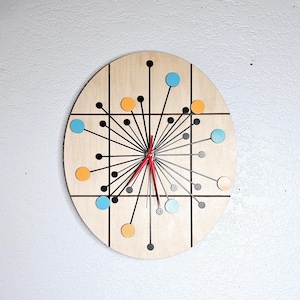 Mid Century Modern Atomic Inspired Wood Wall Clock