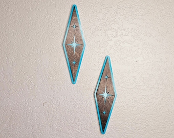 Mid Century Modern Diamond Starburst Accent Art Piece, MCM Wood Art, Set of 2