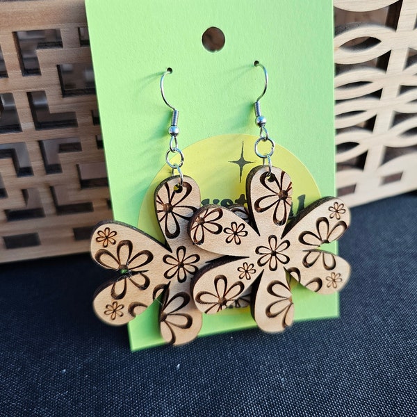 Retro Floral Flower Wood Earrings, Mid Century Modern Earrings, Boho Floral Earrings