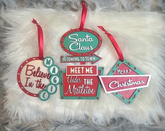 Retro Mid Century Modern Christmas Holiday Ornaments, MCM Vintage Sign Style Ornaments