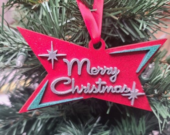Mid Century Modern Merry Christmas Ornament, MCM Atomic Starburst Pointed Sign Ornament