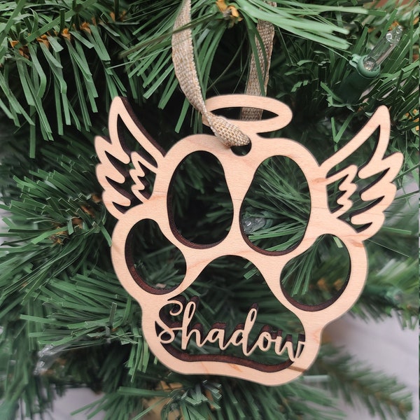 Pet Memorial Angel Wings Wood Ornament, Personalized, Forever in our Heart Paw Print