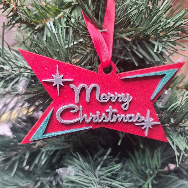 Mid Century Modern Merry Christmas Ornament, MCM Atomic Starburst Pointed Sign Ornament