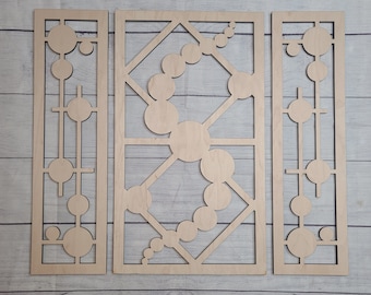 Mid Century Modern Circles 3 Panel Wood Wall Art, MCM Atomic Triptych Art Panel
