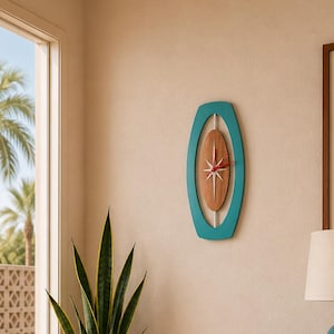 Mid Century Modern Wood Wall Clock: Atomic Starburst Design