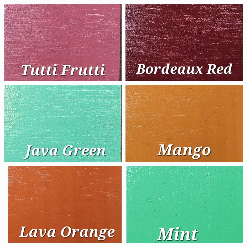 Op de afbeelding: Zes verfkleuren met de namen: Tutti Frutti, Bordeaux Red, Java Green, Mango, Lava Orange en Mint.