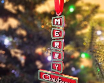 Mid Century Modern Motel Style Merry Christmas Ornament, MCM Retro Vintage Sign Ornament