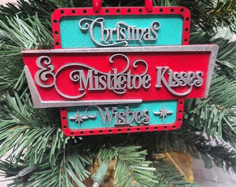 Retro Mid Century Modern Christmas Wishes & Mistletoe Kisses Ornament, MCM Atomic Starburst