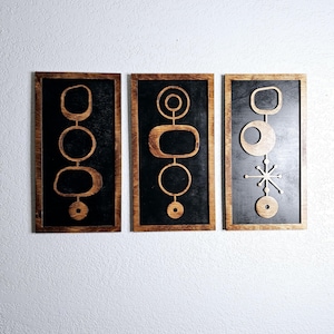 Mid Century Modern Geometric Retro Circle Art Panels, Vintage Wood Art