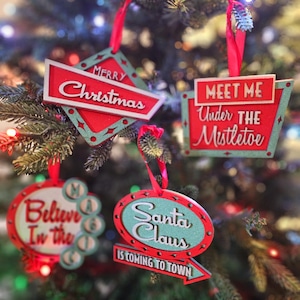 Retro Mid Century Modern Christmas Holiday Ornaments, MCM Vintage Sign Style Ornaments