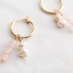 18K Gold Filled Crystal Pearl 4 In 1 Hoops Rose Quartz and Pearl Huggies Valentine's Gift For Her Bridal Jewelry Wedding Earrings image 7