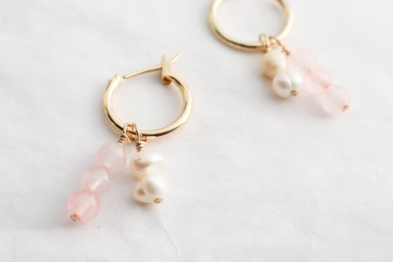 18K Gold Filled Crystal Pearl 4 In 1 Hoops Rose Quartz and Pearl Huggies Valentine's Gift For Her Bridal Jewelry Wedding Earrings image 7