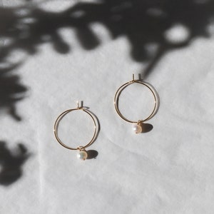 Minimal Pearl Hoops Valentine's Gift For Her Anniversary Jewelry 14K Gold Filled Elegant Jewelry image 5