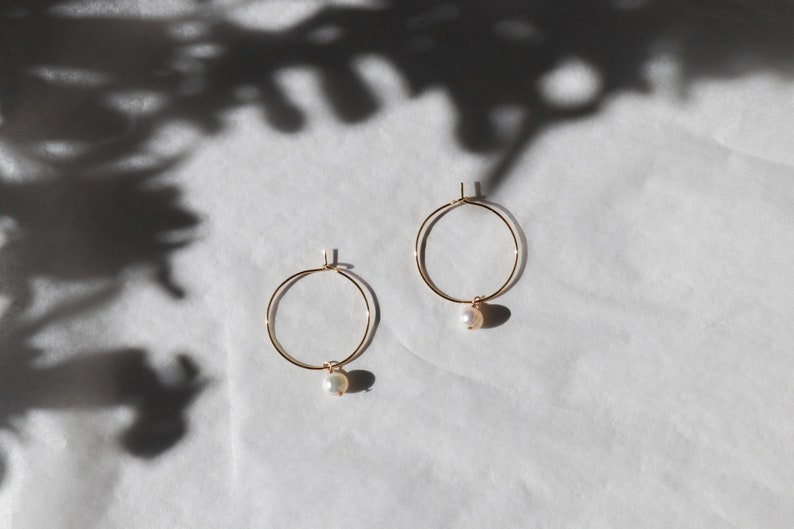 Minimal Pearl Hoops Valentine's Gift For Her Anniversary Jewelry 14K Gold Filled Elegant Jewelry image 5