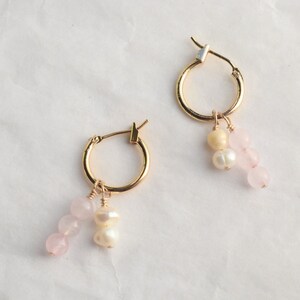 18K Gold Filled Crystal Pearl 4 In 1 Hoops Rose Quartz and Pearl Huggies Valentine's Gift For Her Bridal Jewelry Wedding Earrings image 4