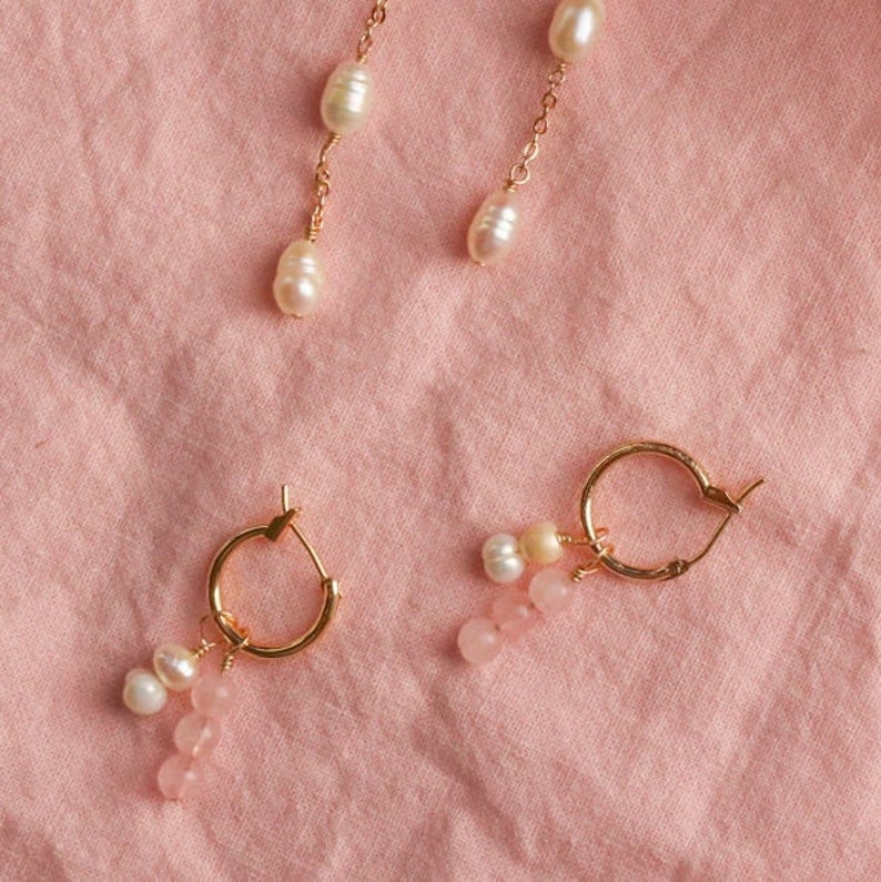 18K Gold Filled Crystal Pearl 4 In 1 Hoops Rose Quartz and Pearl Huggies Valentine's Gift For Her Bridal Jewelry Wedding Earrings image 8