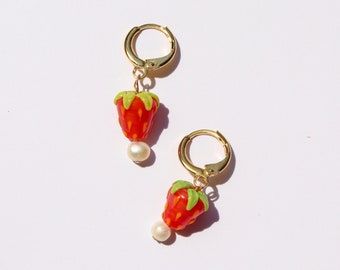 Cottage Core Earrings | Cute Strawberry Pearl Earrings | Fruit Jewelry Hoops | Cute Gift For Her
