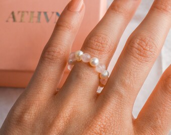 Rose Quartz Pearl Ring | Stretchy Crystal Ring | Healing Jewelry | Minimal Crystal Jewelry | Valentine's Gift