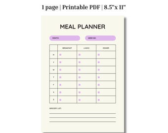 Printable Weekly Meal Planner: 8.5"x11" PDF (Digital Download)