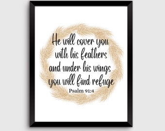 He will cover you with his feathers Psalm 91:4 Printable |  Boho Wreath Frame | Boho Scripture Wall Art  |  Boho Christian Decor