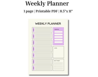 Printable Weekly Planner: Instant Digital Download (8.5"x11" PDF)