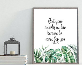 Cast Your Anxiety On Him 1 Peter 5:7 Printable | Watercolor Monstera Scripture Wall Art | Monstera Bible Verse Christian Decor