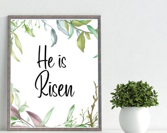 He Is Risen Printable Matthew 28:6 Botanical Scripture Wall Art Bible Verse Wall Art Christian Decor