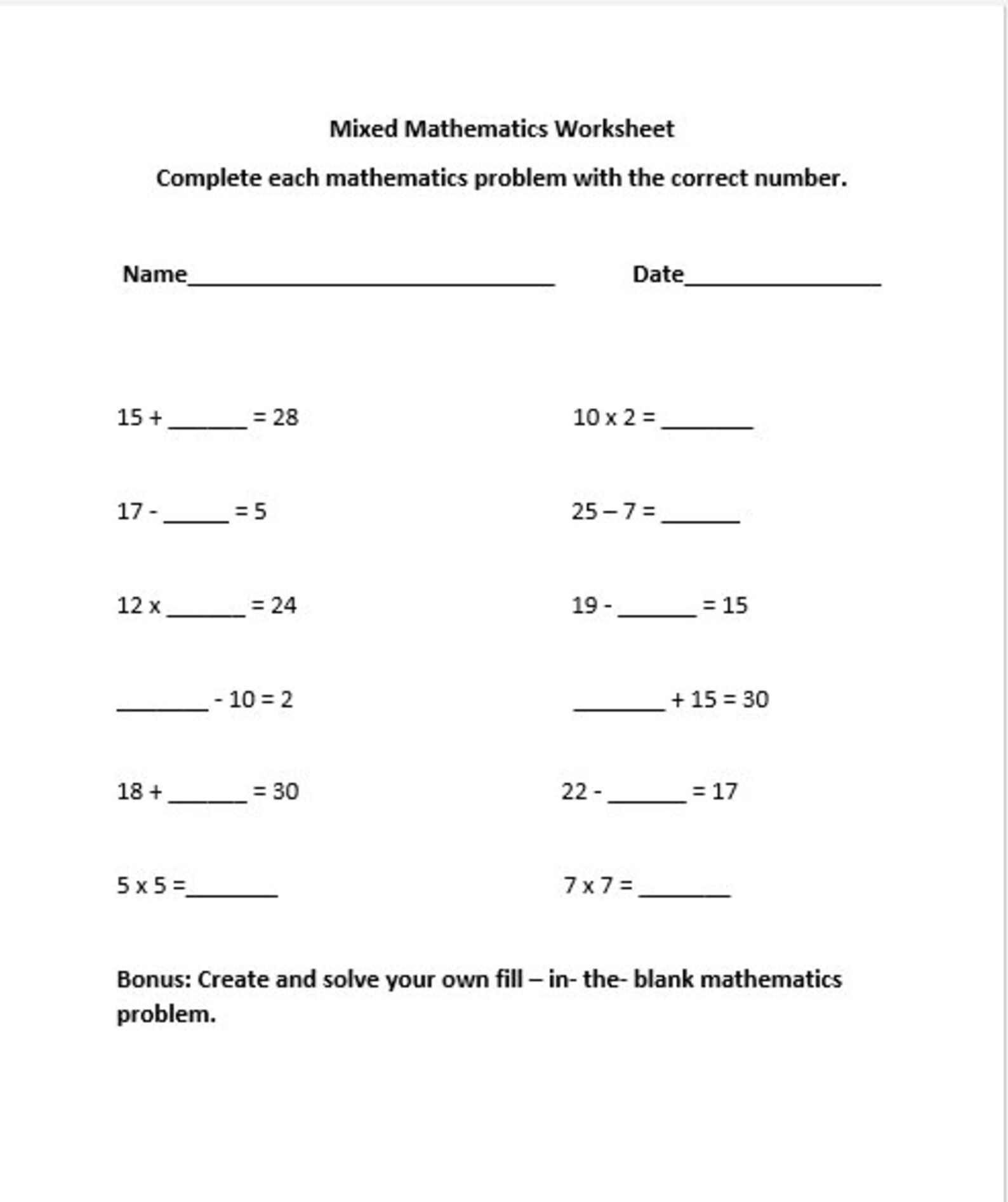 Fill-in-the-blank Mixed Mathematics Printable Worksheet - Etsy
