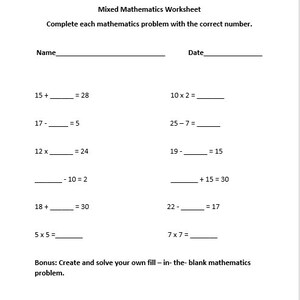 Mathematics Printable Worksheet - Etsy