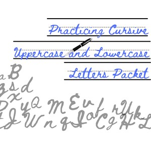 Könnte beinhalten: Ein Arbeitsblatt zum Üben von Schreibschrift mit Groß- und Kleinbuchstaben. Das Arbeitsblatt enthält den Titel "Practicing Cursive Uppercase and Lowercase Letters Packet" und einen Stift mit blauer Tinte.