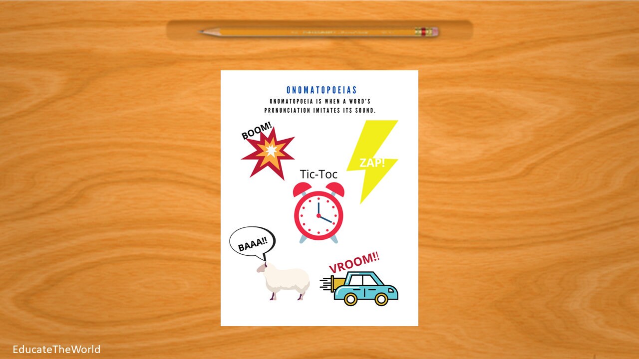 Words and Sounds Worksheet, Learning English and Language Arts, Onomatopoeias Printable Handout, Literary Elements Review Sheet