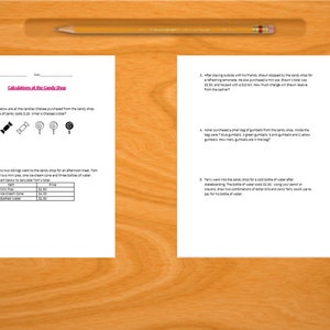 May include: A black and white worksheet with math problems about a candy shop. The problems involve calculating the cost of candy, gum, and soda.