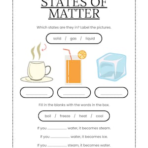 States of Matter Worksheet for Science Class, Elementary level Science Worksheet