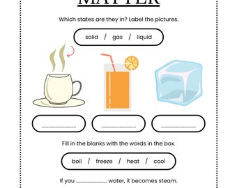 States of Matter Worksheet for Science Class, Elementary level Science Worksheet