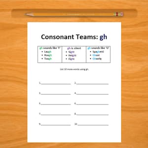 Letter Teams handout &#39;gh&#39;, Worksheet; At-Home Learning; Practice Work; Virtual Learning; Instant Download; Printable PDF