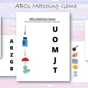 Juego de combinación del alfabeto ABC, aprendizaje y revisión de letras, reconocimiento de letras y objetos, aprendizaje virtual divertido y actividad de educación en el hogar