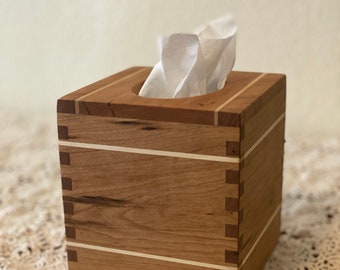 Handmade Hardwood Tissue Box Cover Made of Cherry with Maple Accent Stripes