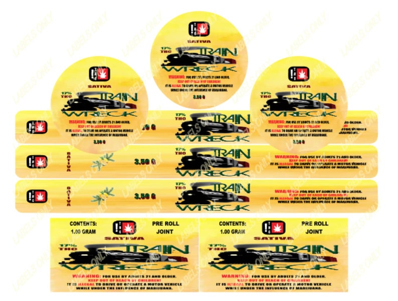 May include: A yellow and red label with the words "Train Wreck" and "Sativa" printed on it. The label also includes a graphic of a train and the text "1.00 gram" and "Pre Roll Joint".