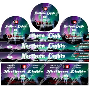 May include: A set of colorful labels for cannabis products featuring a purple and green aurora borealis design. The labels read "Northern Lights" and "Premium Indica Cannabis". The labels also include the text "Contents: 1.00 gram" and "Pre Roll Joint".