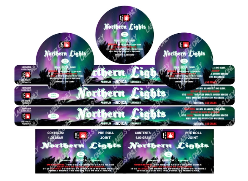 May include: A set of colorful labels for cannabis products featuring a purple and green aurora borealis design. The labels read "Northern Lights" and "Premium Indica Cannabis". The labels also include the text "Contents: 1.00 gram" and "Pre Roll Joint".