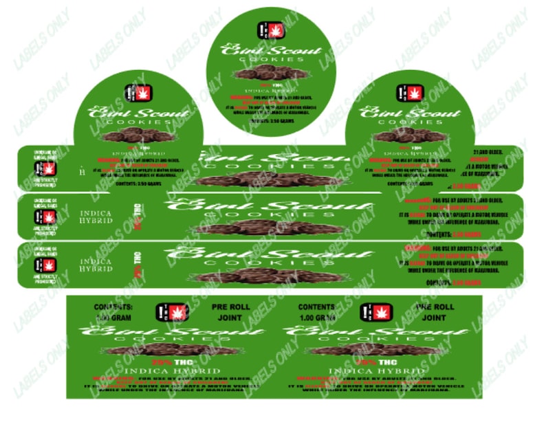 May include: Green and white label with the text "Girl Scout Cookies" and an image of chocolate chip cookies. The label also includes the text "Indica Hybrid" and "THC".