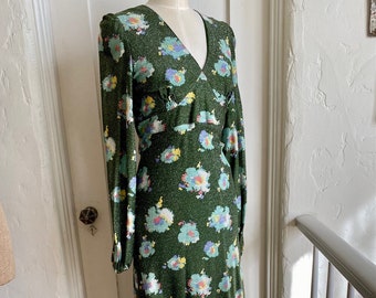 Vintage 70&#39;s VERA MONT PARIS Green Floral Lurex Maxi Dress