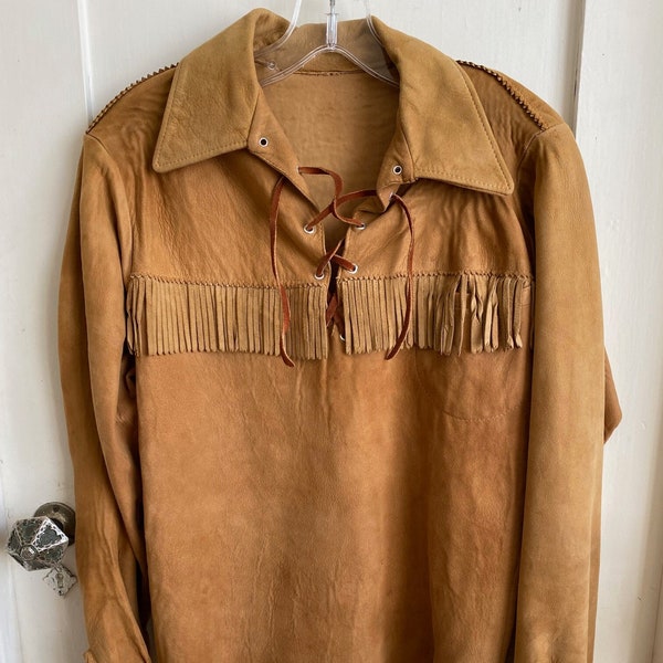 VINTAGE 1960's Buckskin Boho Hippie Western Lace Up Fringe Yoke Unisex Shirt Size Med