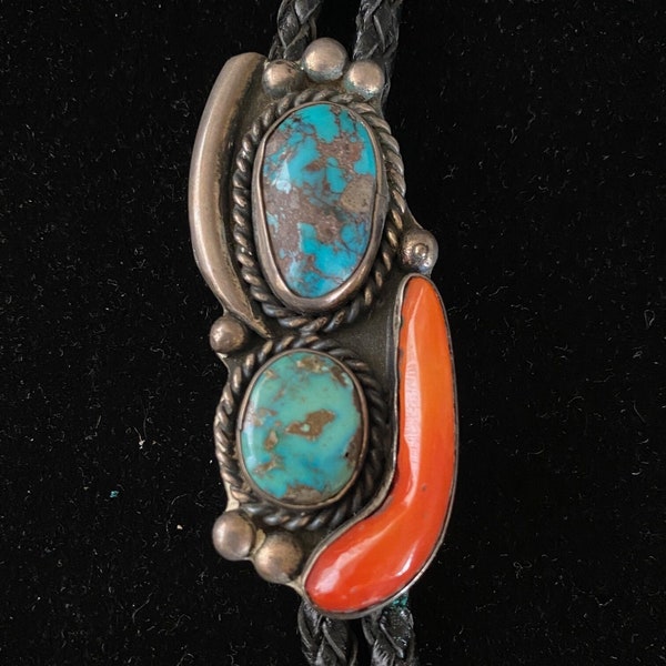 Vintage 1950's Native American Navajo Turquoise Coral Sterling Bennett C31 Bolo Tie
