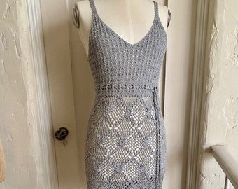 Vintage 1970&#39;s Handmade Light Gray/Blue Crocheted Dress Sm/Med