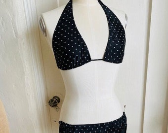 Vintage 1970s Schwarzer Bikini mit silbernen Herzen Badeanzug Gr. 15/16