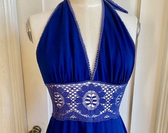 Vintage 70s Royal Blue Polyester and Lace Halter Maxi Dress Size Small