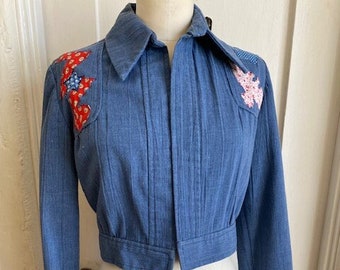 Handmade Shirleys Creation Bicentennial '76 Blue Patchwork Cropped Jacket-Small