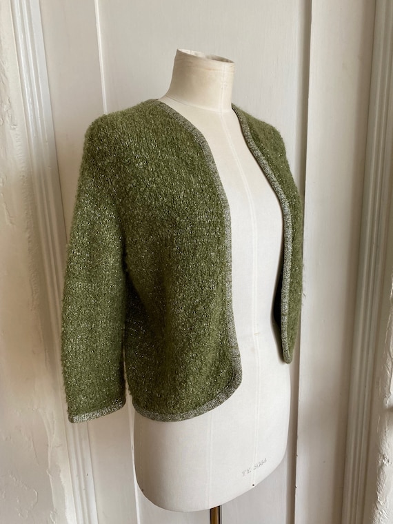 VINTAGE 60's Avocado Green & Silver Metallic Mohair Cardigan VINTAGE 60's Avocado Green & Silver Metallic Mohair Cardigan