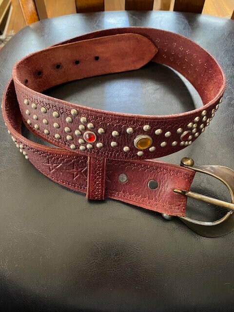 Vintage 70's Jeweled and Silver Studded Brown Leather Belt Vintage 70's Jeweled and Silver Studded Brown Leather Belt